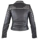 Custom Made Women’s Black Leather Jacket with Silver Pyramid Studs